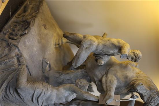 After the Antique. A large late 19th century Italian painted terracotta group of the Farnese bull, H.22in, restorations